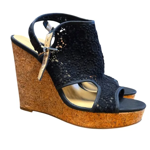 Lucky Brand Black Wedge Sandals with Cork Heel Size 10