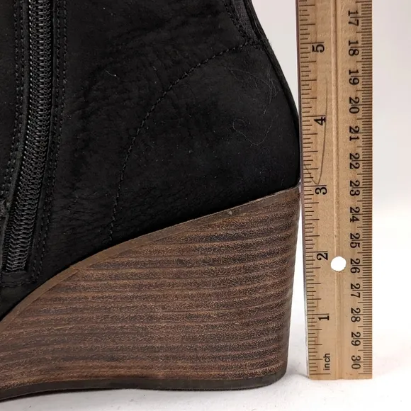 Lucky Brand Zanta Suede Wedge Heel Bootie Side Zipper Chunky Trendy Black 9.5