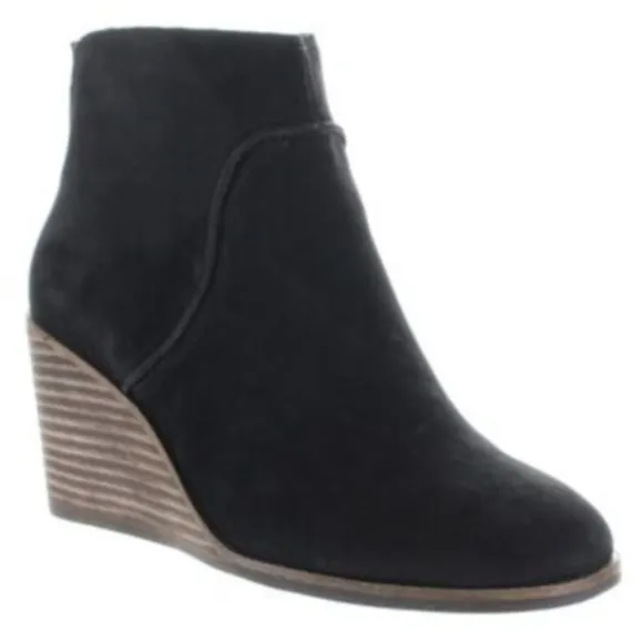 Lucky Brand Zanta Suede Wedge Heel Bootie Side Zipper Chunky Trendy Black 9.5