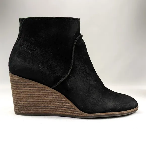 Lucky Brand Zanta Suede Wedge Heel Bootie Side Zipper Chunky Trendy Black 9.5