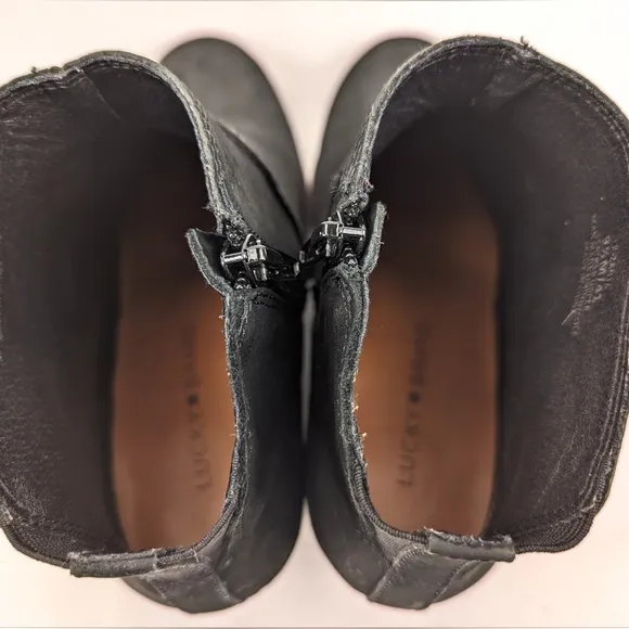 Lucky Brand Zanta Suede Wedge Heel Bootie Side Zipper Chunky Trendy Black 9.5