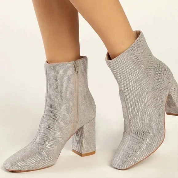 LuLu's My Generation Silver Rhinestone High Heel Mid-Calf Boots Size 8