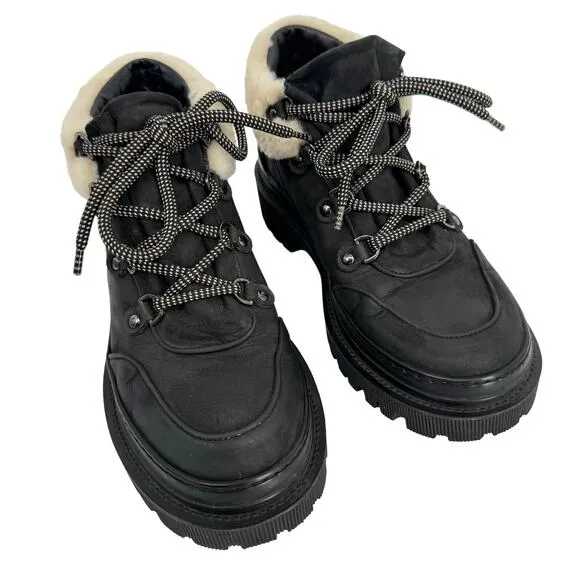 M. Gemi The Alpi Due Boots Leather Lace Up Shearling Chunky Ankle Boots Black