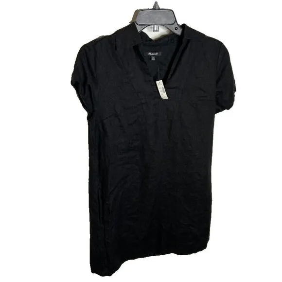 Madewell $128 V-Neck Mini Dress 100% Linen in Black Size XS NQ627