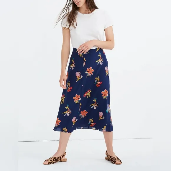 Madewell - Silk Atrium Midi Skirt in Bird of Paradise, Sz 4, Tropic Floral Night