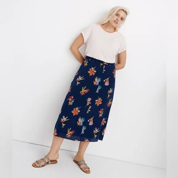 Madewell - Silk Atrium Midi Skirt in Bird of Paradise, Sz 4, Tropic Floral Night