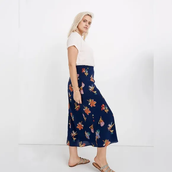 Madewell - Silk Atrium Midi Skirt in Bird of Paradise, Sz 4, Tropic Floral Night