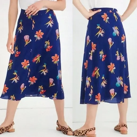 Madewell - Silk Atrium Midi Skirt in Bird of Paradise, Sz 4, Tropic Floral Night