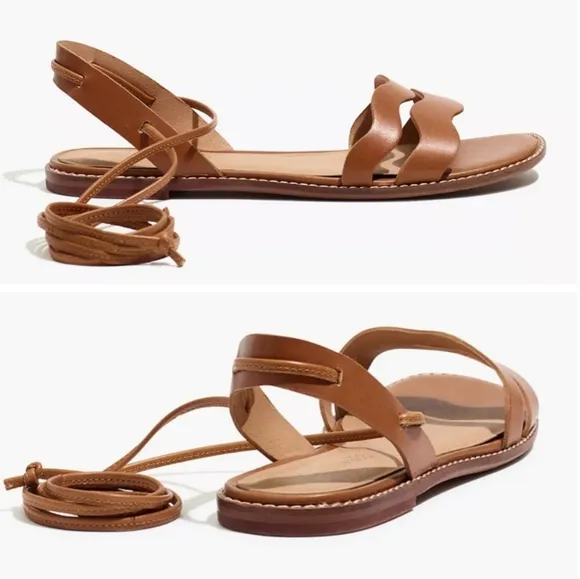 Madewell The Wave Gladiator Sandals Leather Lace Up Flats Cognac Brown size 7.5