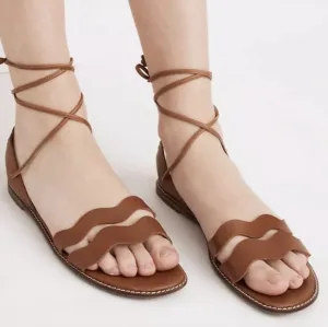 Madewell The Wave Gladiator Sandals Leather Lace Up Flats Cognac Brown size 7.5