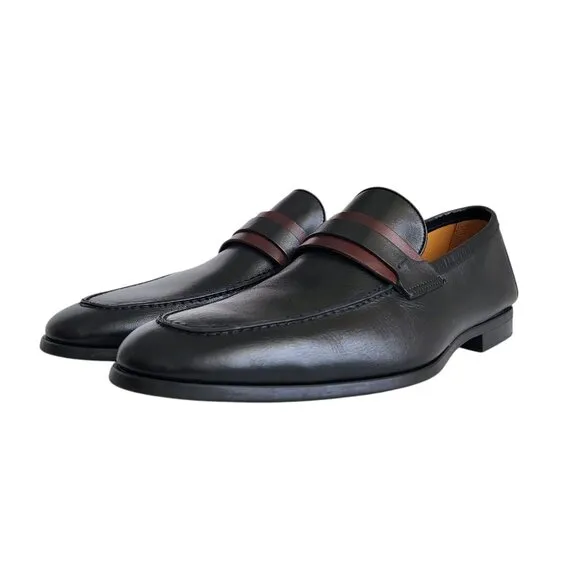 Magnanni Daniel Leather Penny Loafers in Black/Midbrown Men's Size 12