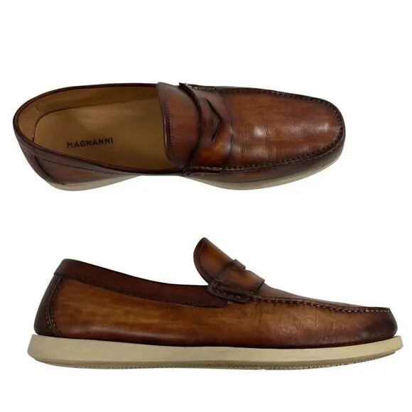 Magnanni Laguna Cognac Patina Leather Penny Loafers Men’s Size 10M