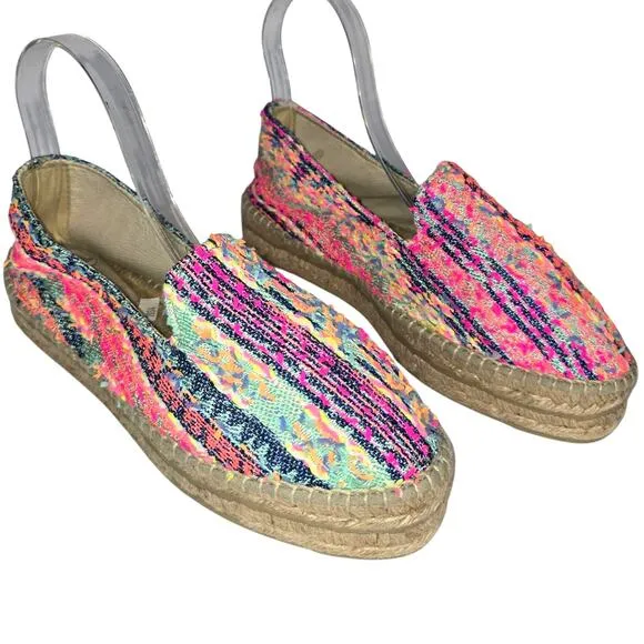 Manebi Espadrilles Platform Fabric Leather Lined Colorful Multi Fiber 10 NWOT