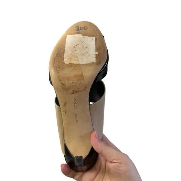 MANOLO BLAHNIK Beige Black Patent Leather Ripta Double Band Slide Sandals