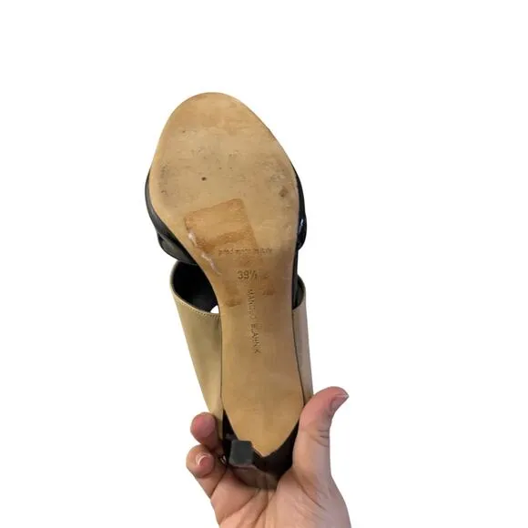 MANOLO BLAHNIK Beige Black Patent Leather Ripta Double Band Slide Sandals