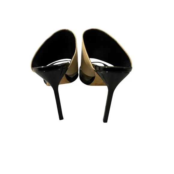 MANOLO BLAHNIK Beige Black Patent Leather Ripta Double Band Slide Sandals