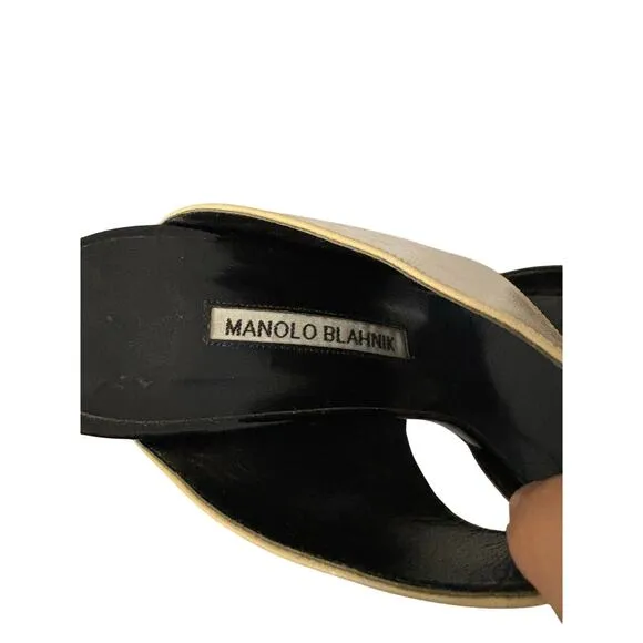 MANOLO BLAHNIK Beige Black Patent Leather Ripta Double Band Slide Sandals