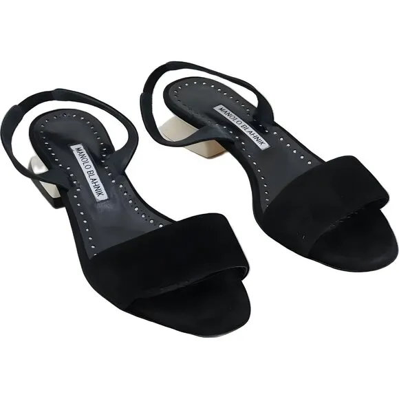 Manolo Blahnik Black Open Toe Sandal Heels 37.5 EU Needs Repair