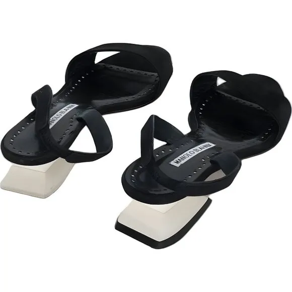 Manolo Blahnik Black Open Toe Sandal Heels 37.5 EU Needs Repair