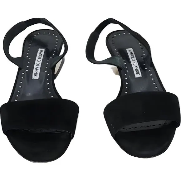 Manolo Blahnik Black Open Toe Sandal Heels 37.5 EU Needs Repair