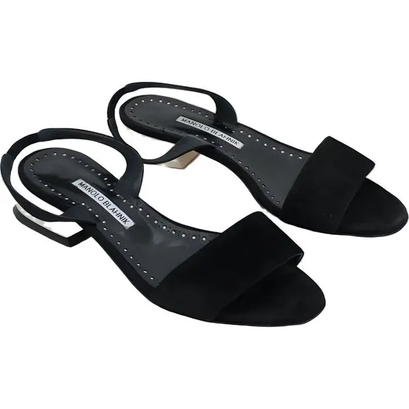 Manolo Blahnik Black Open Toe Sandal Heels 37.5 EU Needs Repair