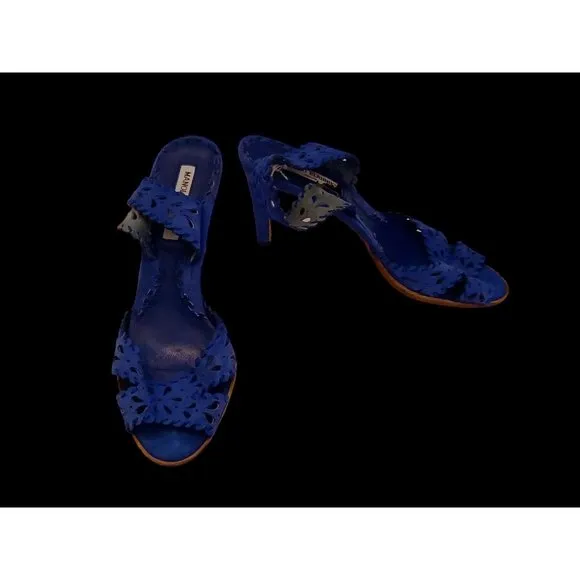 Manolo Blahnik Blue Suede Sling Back Open Pattern High Heel Sandals Size 39.5