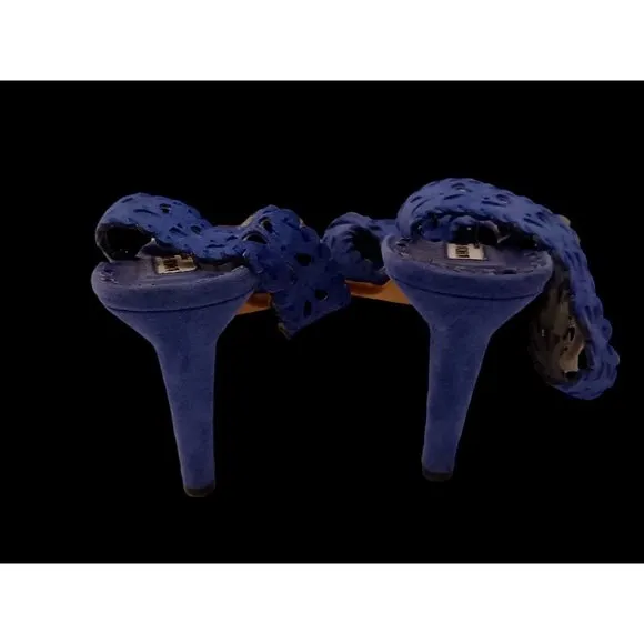 Manolo Blahnik Blue Suede Sling Back Open Pattern High Heel Sandals Size 39.5