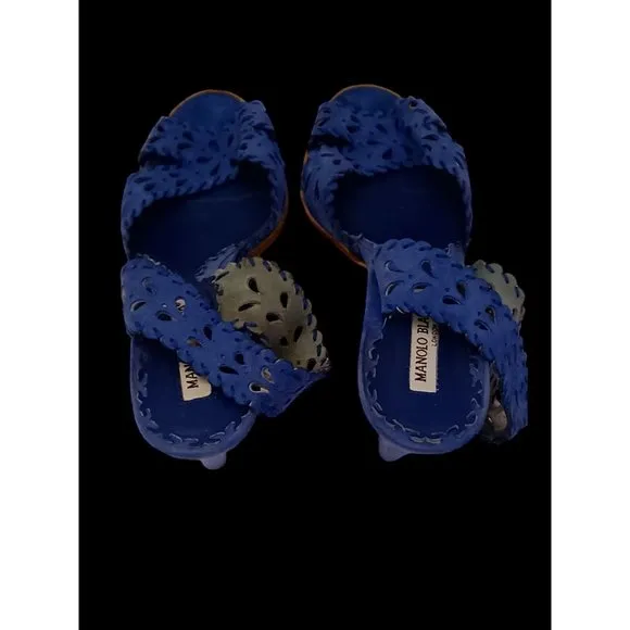 Manolo Blahnik Blue Suede Sling Back Open Pattern High Heel Sandals Size 39.5