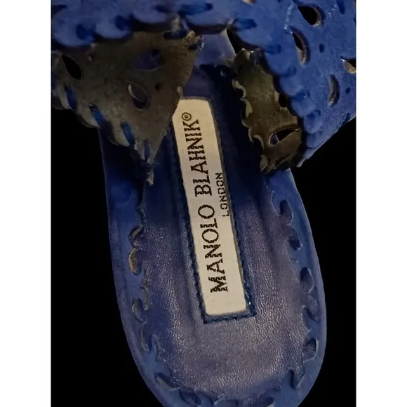 Manolo Blahnik Blue Suede Sling Back Open Pattern High Heel Sandals Size 39.5