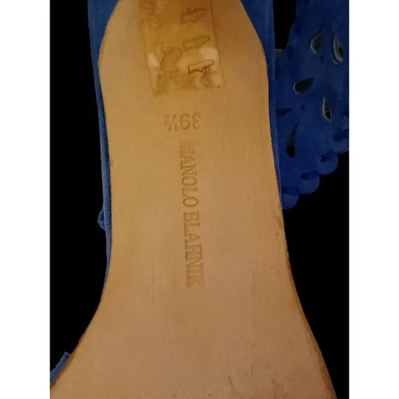 Manolo Blahnik Blue Suede Sling Back Open Pattern High Heel Sandals Size 39.5