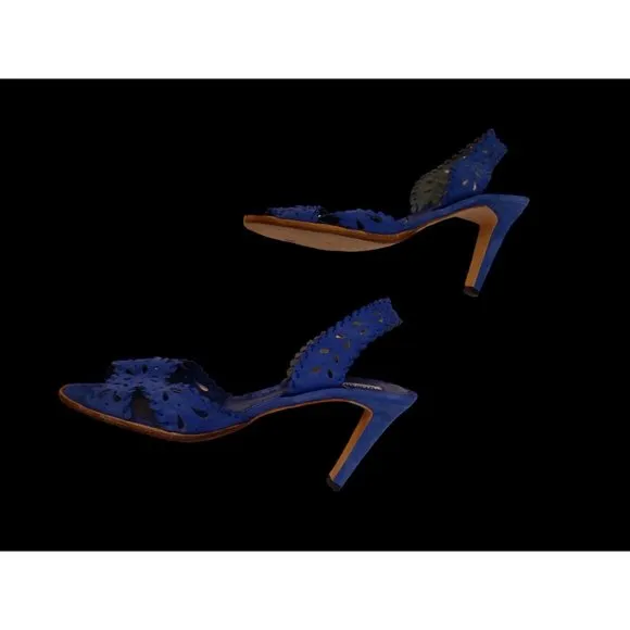 Manolo Blahnik Blue Suede Sling Back Open Pattern High Heel Sandals Size 39.5