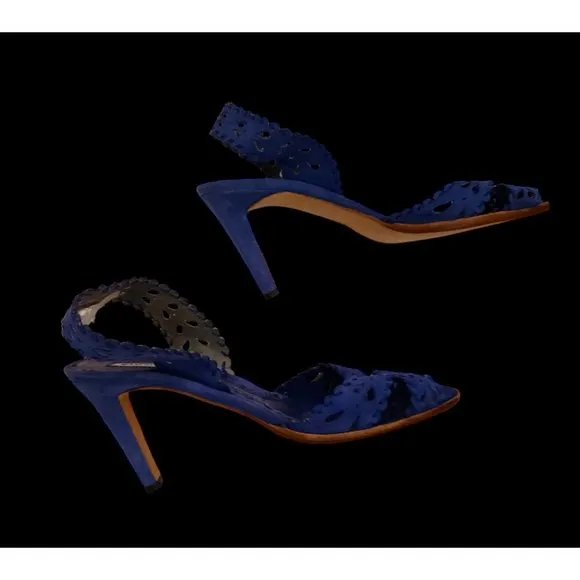 Manolo Blahnik Blue Suede Sling Back Open Pattern High Heel Sandals Size 39.5
