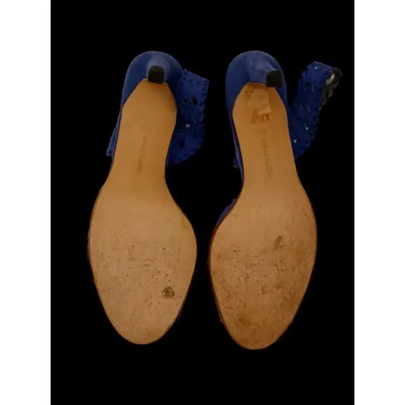 Manolo Blahnik Blue Suede Sling Back Open Pattern High Heel Sandals Size 39.5