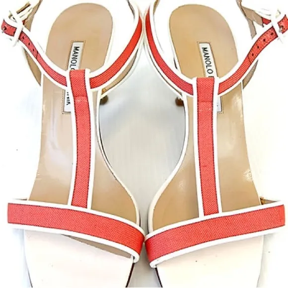 Manolo Blahnik Dador Linen T-Strap Sandal - Coral White - 39.5 - fits like 8.5
