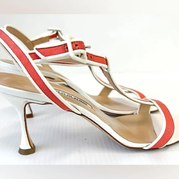 Manolo Blahnik Dador Linen T-Strap Sandal - Coral White - 39.5 - fits like 8.5