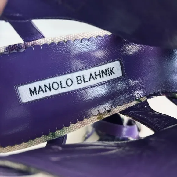 Manolo Blahnik Floral Cotton Slingback Purple Heels Sandals Shoe Size 11.5