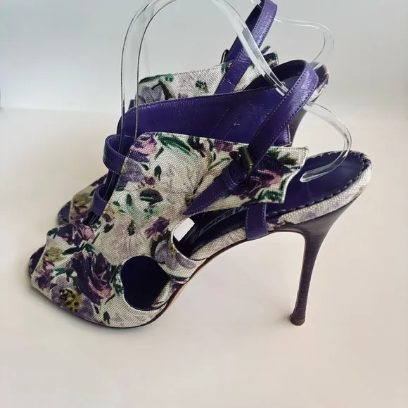 Manolo Blahnik Floral Cotton Slingback Purple Heels Sandals Shoe Size 11.5