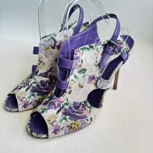Manolo Blahnik Floral Cotton Slingback Purple Heels Sandals Shoe Size 11.5