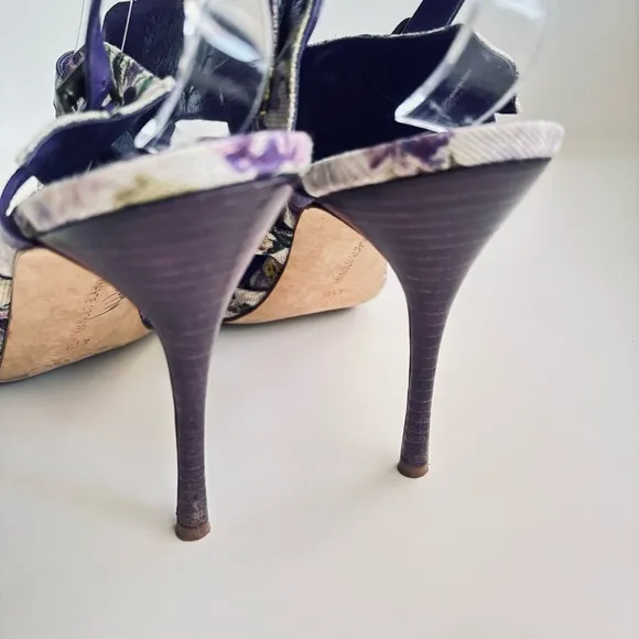 Manolo Blahnik Floral Cotton Slingback Purple Heels Sandals Shoe Size 11.5