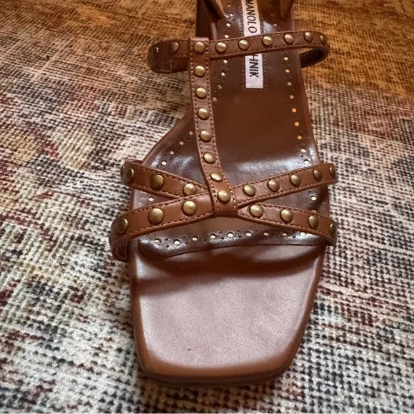 Manolo Blahnik Luce Brown Leather Studded Sandals 38 New