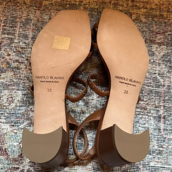 Manolo Blahnik Luce Brown Leather Studded Sandals 38 New