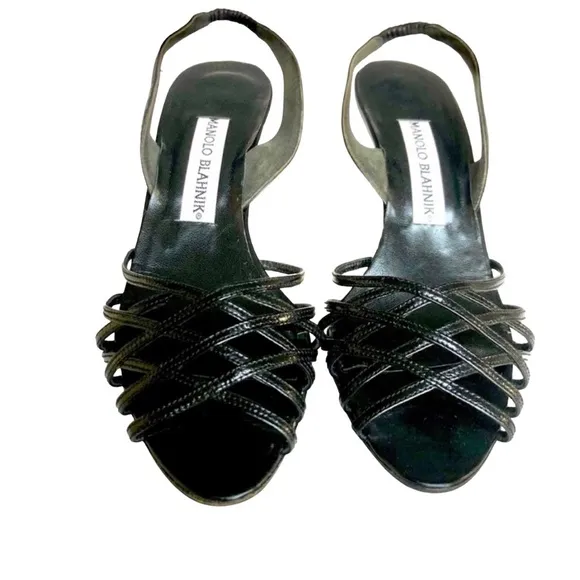 Manolo Blahnik Strappy Heeled Sandals Black Patent Leather Women’s