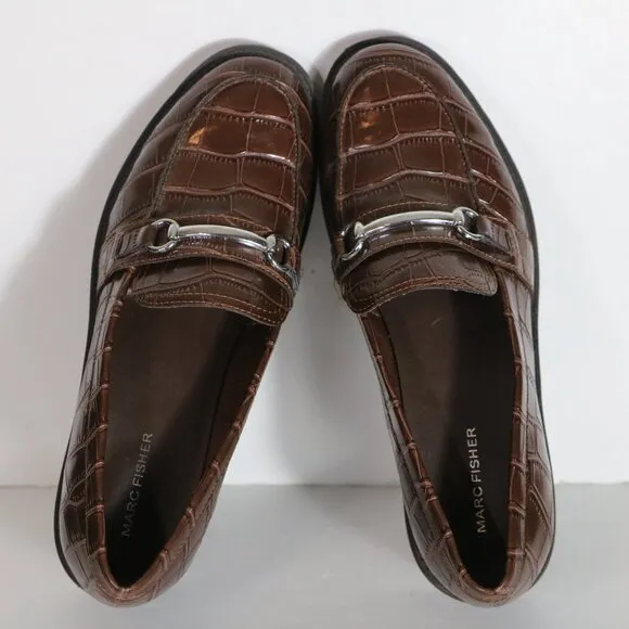 Marc Fisher Dancel Womens Heeled Penny Loafers 10 Brown Croc Chunky 90s Acedemia