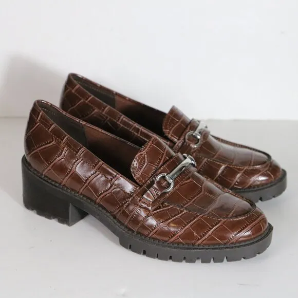 Marc Fisher Dancel Womens Heeled Penny Loafers 10 Brown Croc Chunky 90s Acedemia