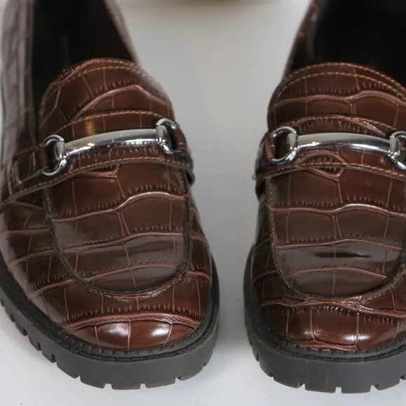 Marc Fisher Dancel Womens Heeled Penny Loafers 10 Brown Croc Chunky 90s Acedemia