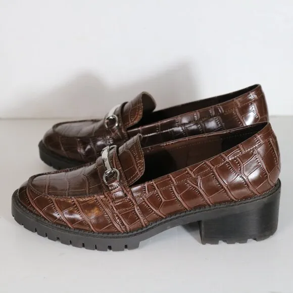 Marc Fisher Dancel Womens Heeled Penny Loafers 10 Brown Croc Chunky 90s Acedemia