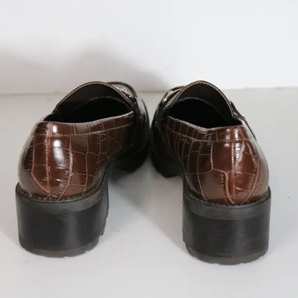 Marc Fisher Dancel Womens Heeled Penny Loafers 10 Brown Croc Chunky 90s Acedemia