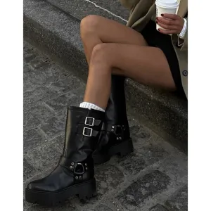 MARC FISHER Dorset Black Lug Moto Platform Boots Size 8.5