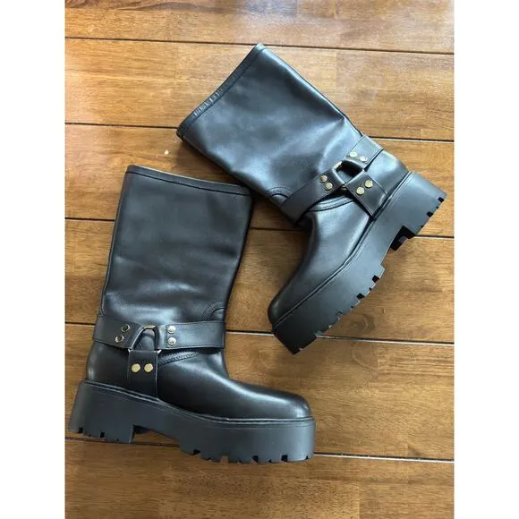 MARC FISHER Dorset Black Lug Moto Platform Boots Size 8.5
