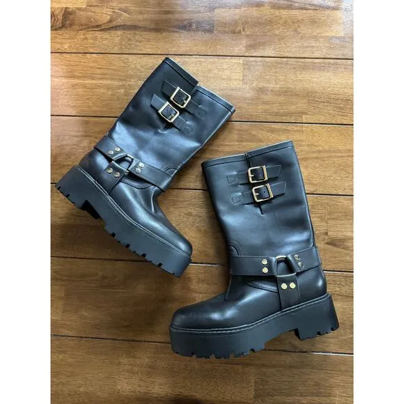 MARC FISHER Dorset Black Lug Moto Platform Boots Size 8.5